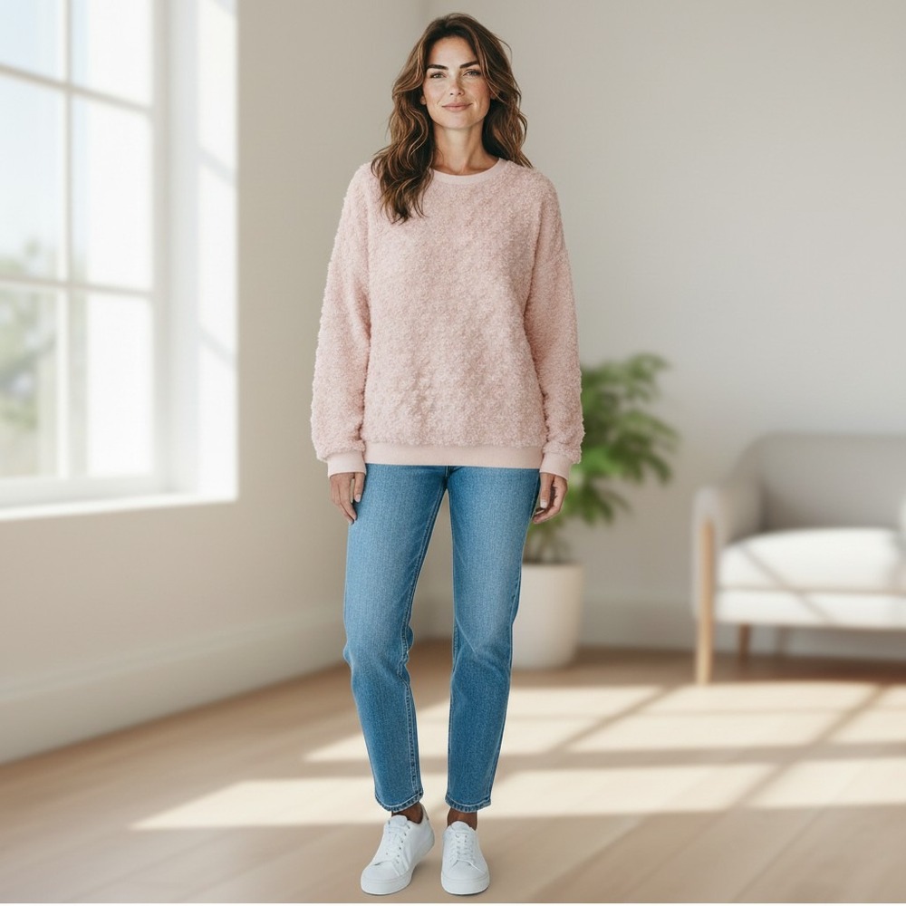 Peach Faux Fur Rosette Textured Crew Neck Pullover Sweatshirt Top M / #26835